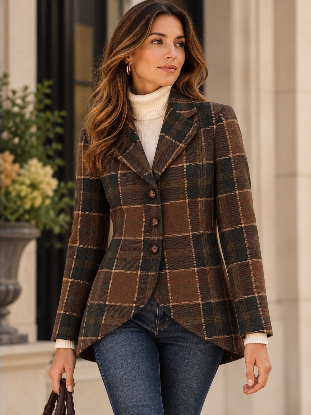 Bianca Nygård Brown Plaid Equestrian Blazer Faux Suede Elbow Patches